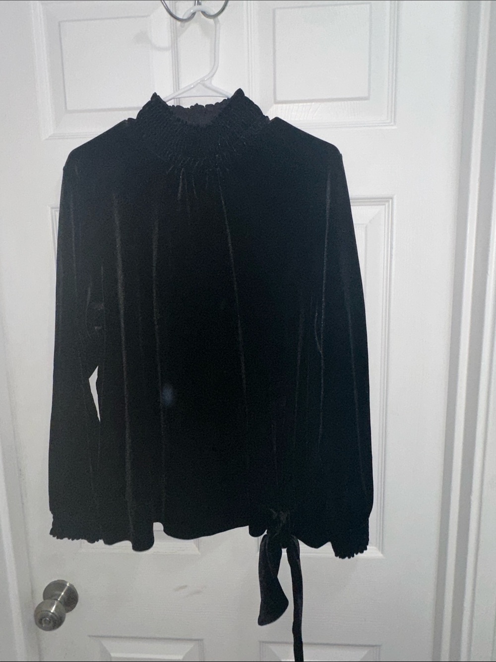 J. Jill Black Velvet Long-Sleeve Smocked Neck Top